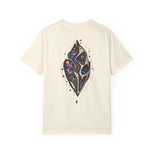 Back of the Ivory Spectrum Within tee featuring a large, colorful abstract artwork.
