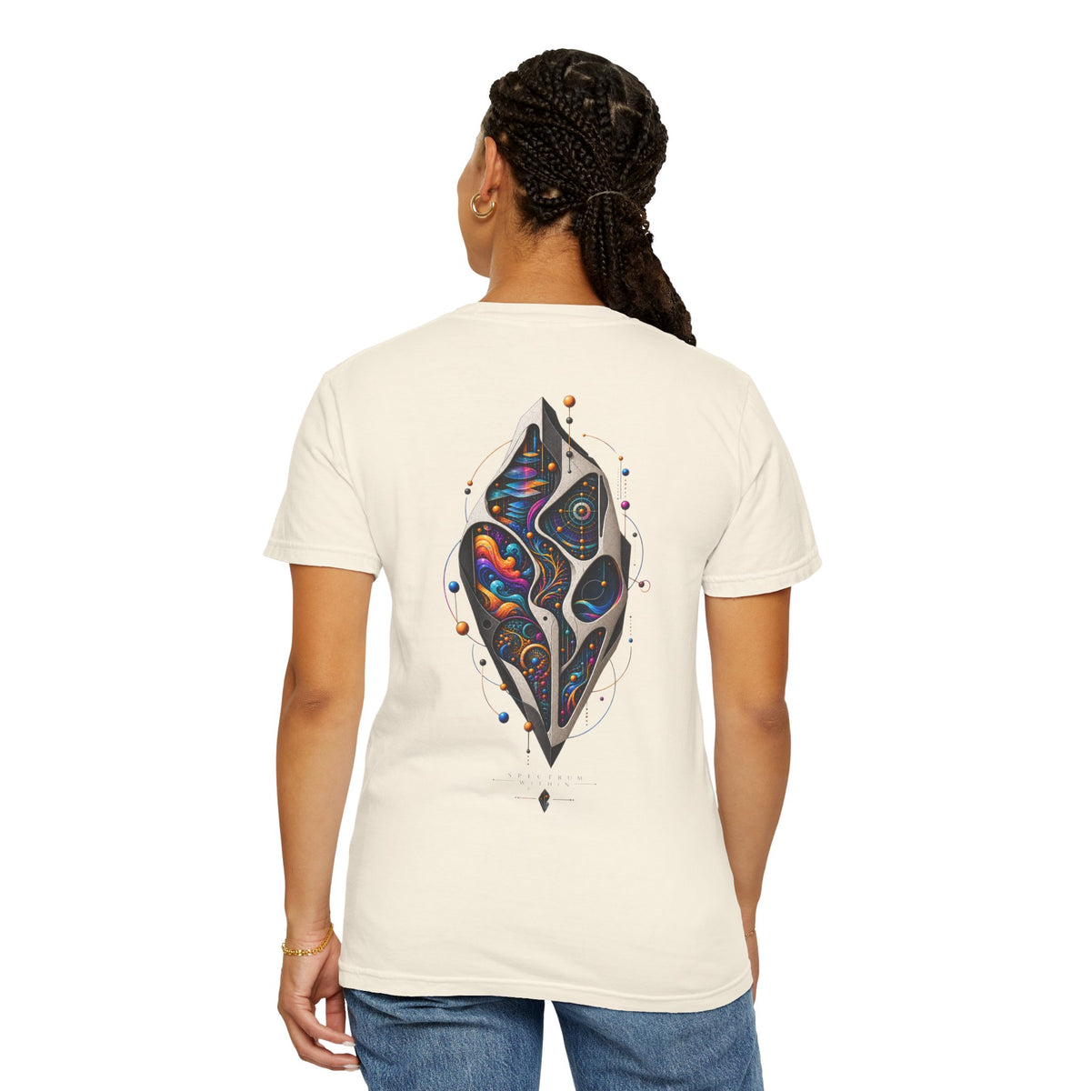 Model wearing the Ivory Spectrum Within tee, showing the large abstract artwork on the back.